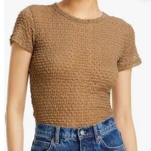 NWT Frame Denim Textured Semi-sheer Women's Baby TShirt in Cypress (Brown), Sz L